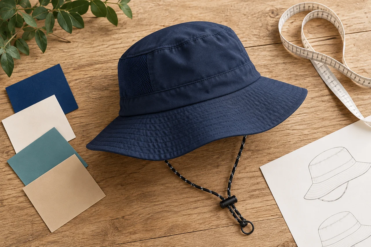 Measurement and colour references help connect the hat with practical team requirements.