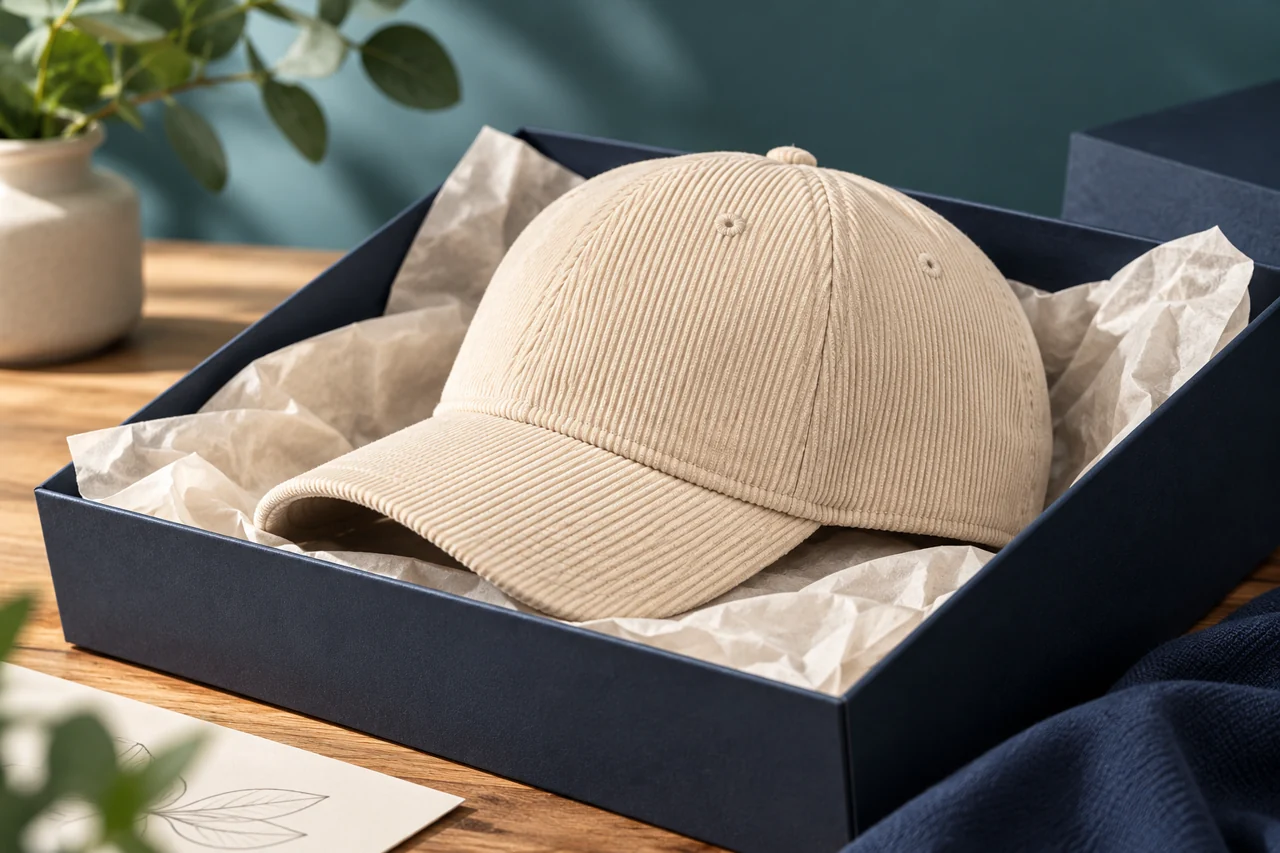 A plain presentation box helps review the hat and packaging as one gift product.