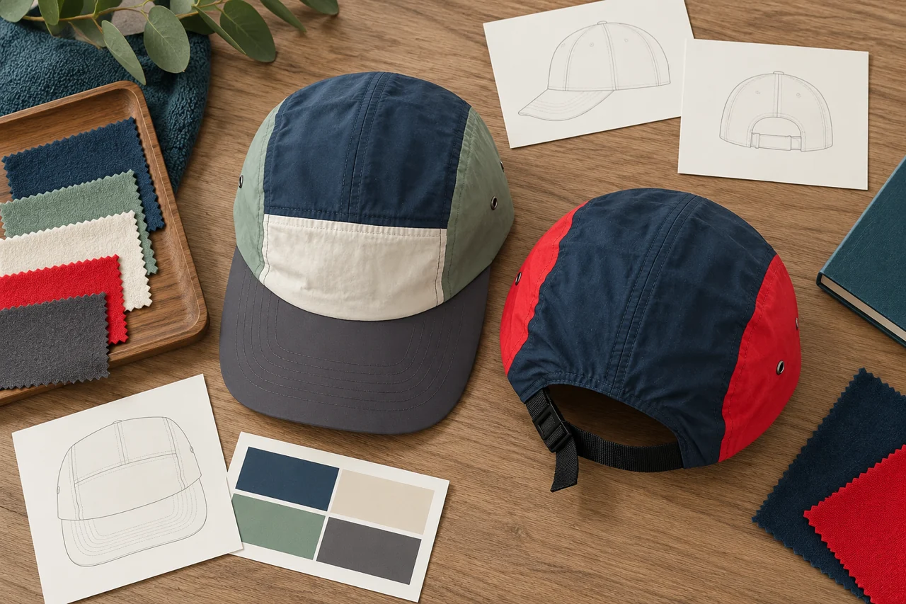 Club artwork references and fabric swatches help connect the design with the chosen cap.