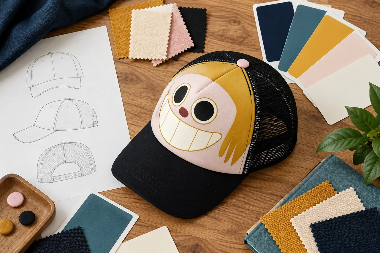 A presentation desk can connect cap references with distinct colour and artwork options.