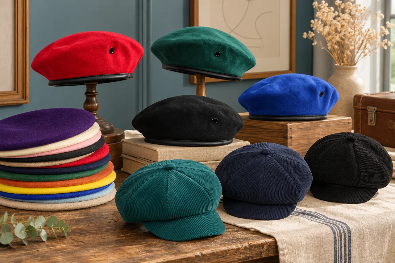 Different vintage-style headwear references help separate the silhouettes in a collection.