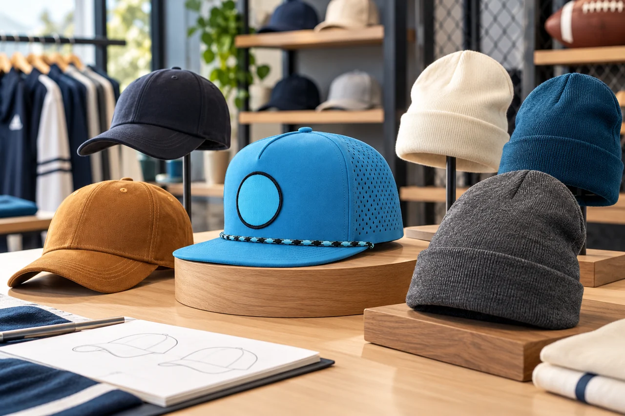 Unbranded fan-headwear concepts provide a starting point for an authorised merchandise project.
