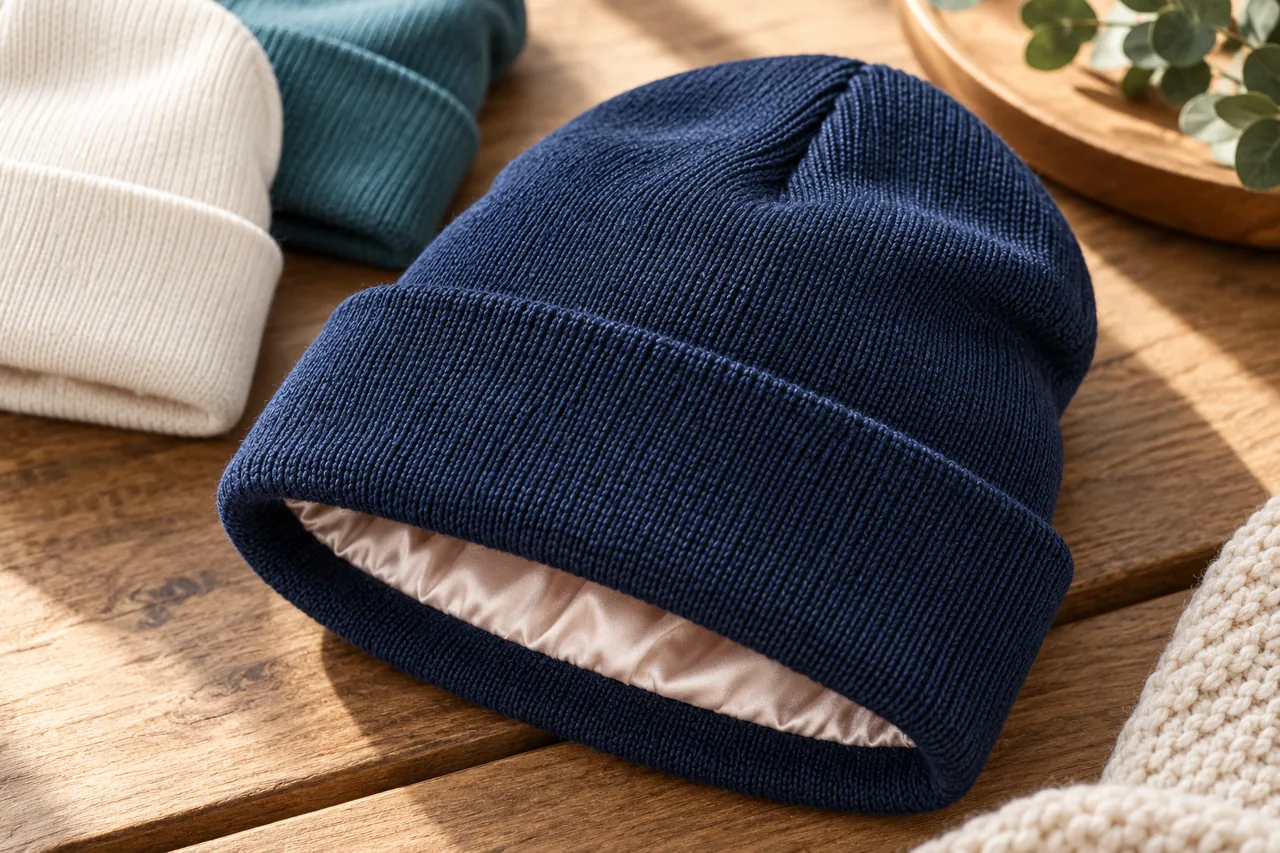 Rib structure and the folded cuff are visible parts of the beanie specification.