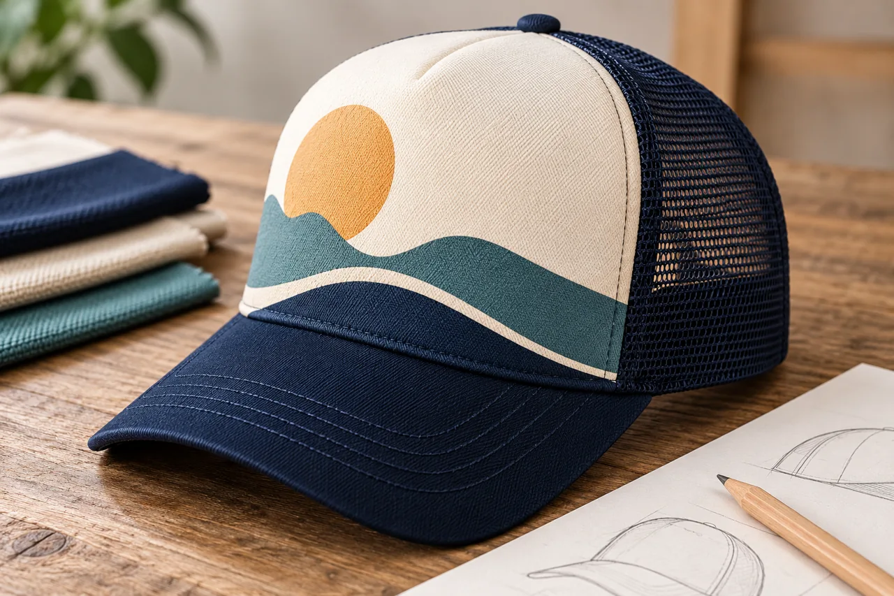 The hat surface and seam layout influence the way merchandise artwork is presented.