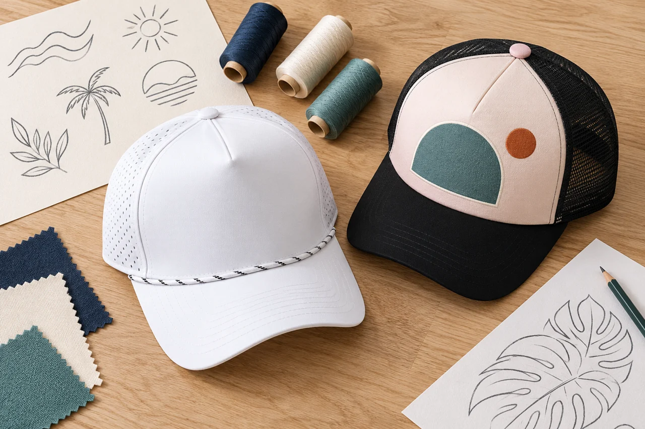 Separate paper artwork and textile references keep the language source distinct from the hat surface.