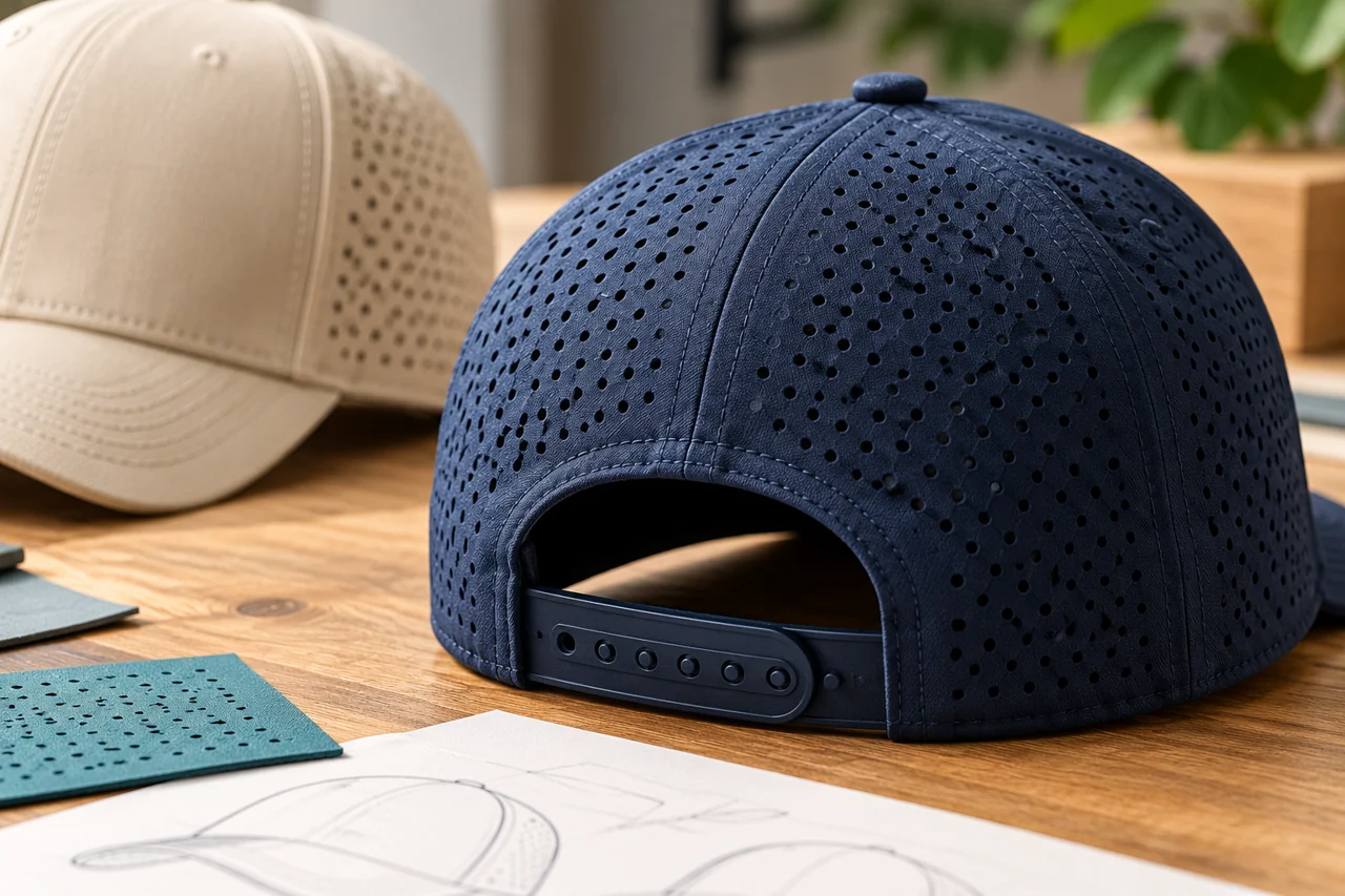 Rear adjustment and panel construction contribute to the fit of a staff cap.