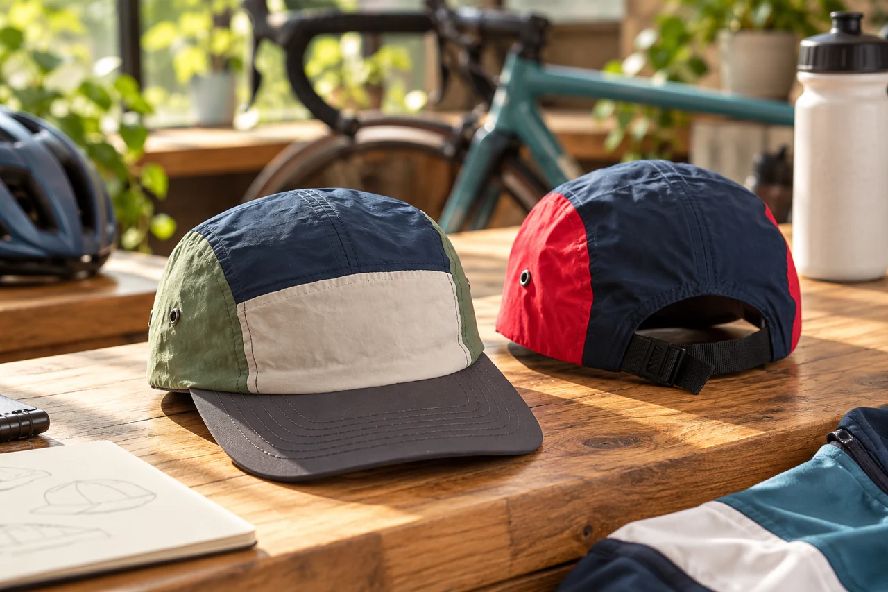 Casual cap references connect the headwear design with a cycling-club merchandise setting.