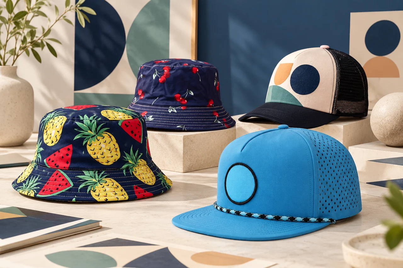 Original geometric artwork and hat references support a creative merchandise direction.