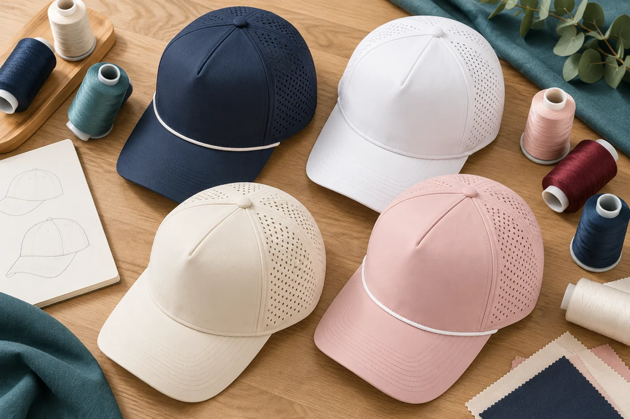 Blank caps and thread-colour references connect the base product with the intended decoration work.