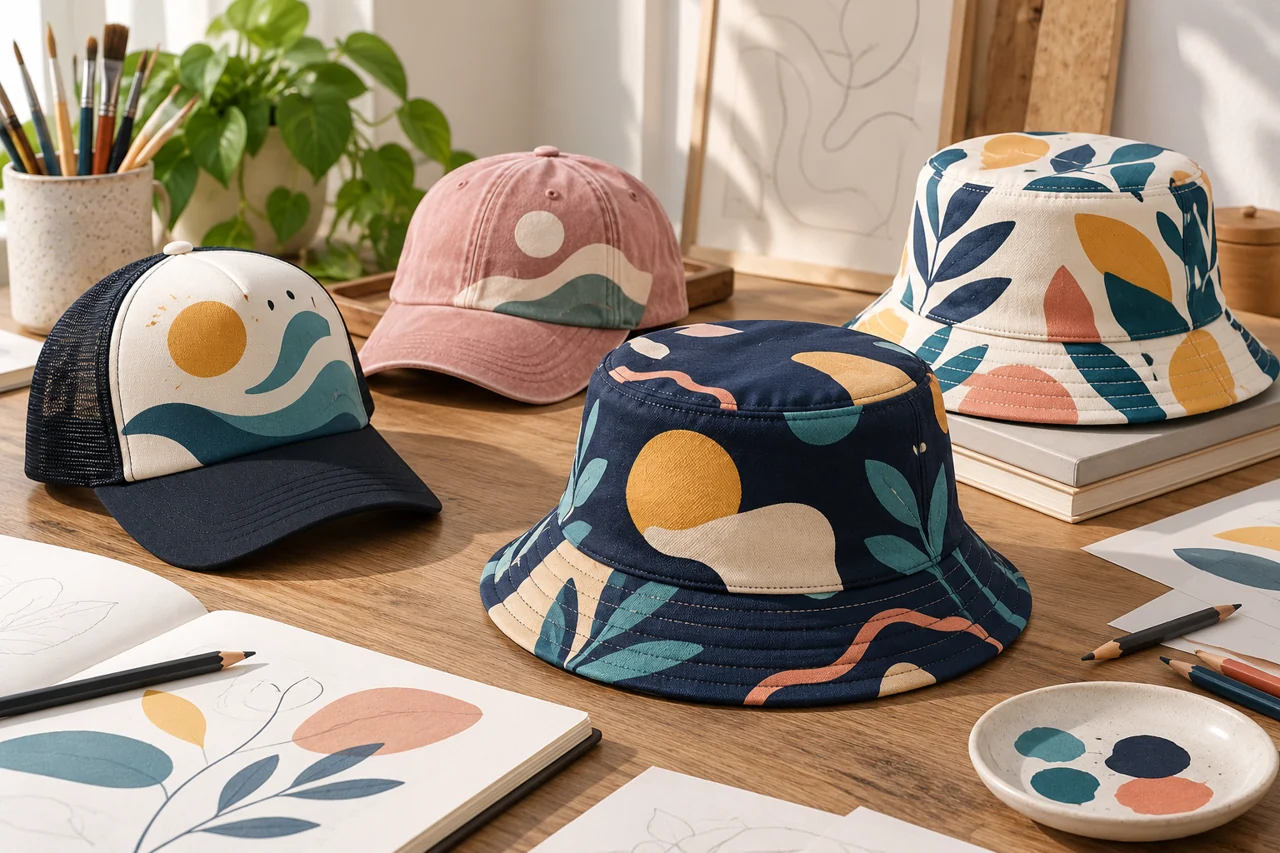 Original abstract artwork and hat references help frame an art-led product collection.