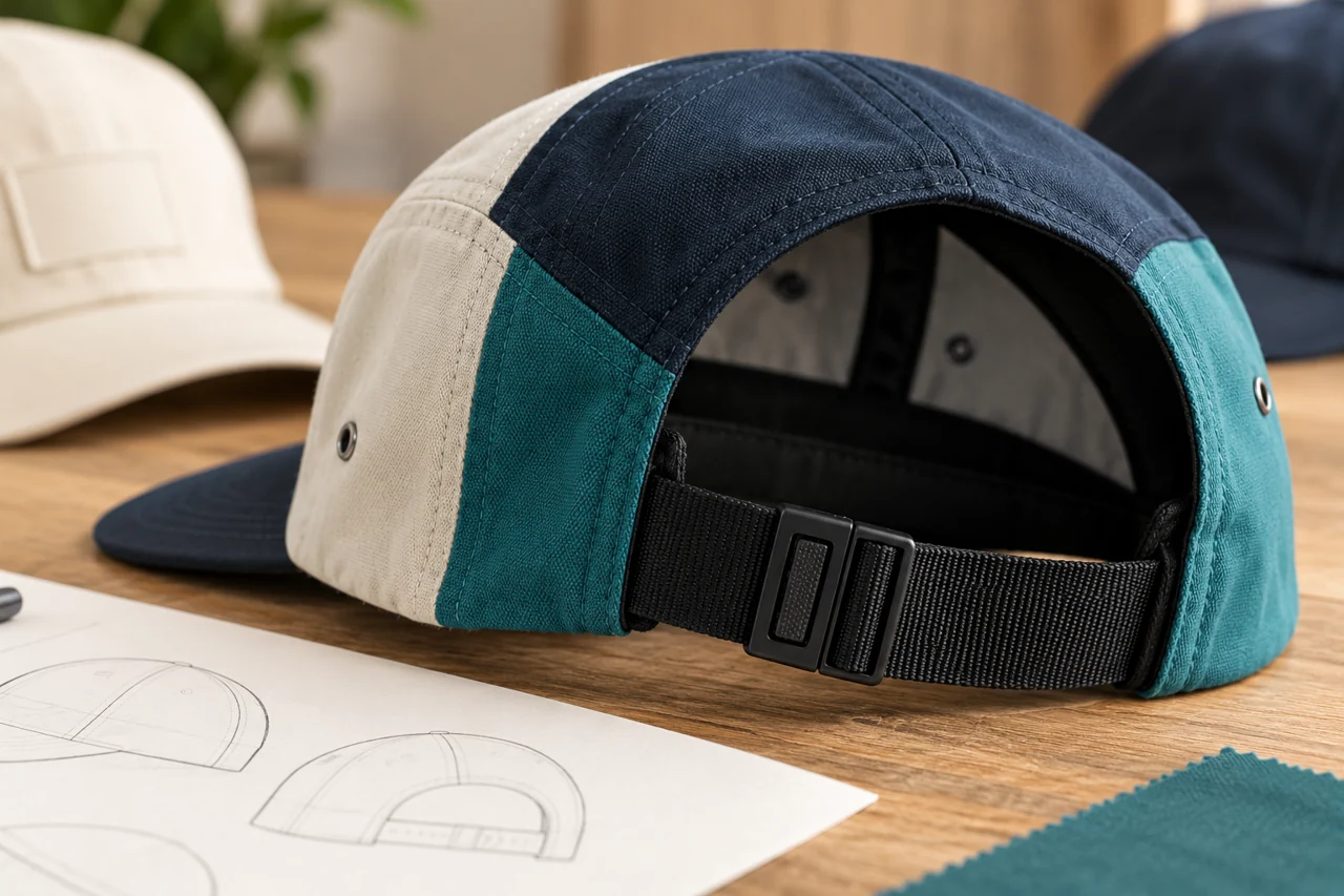 The inner edge and adjustment area help explain the finished-hat fit.
