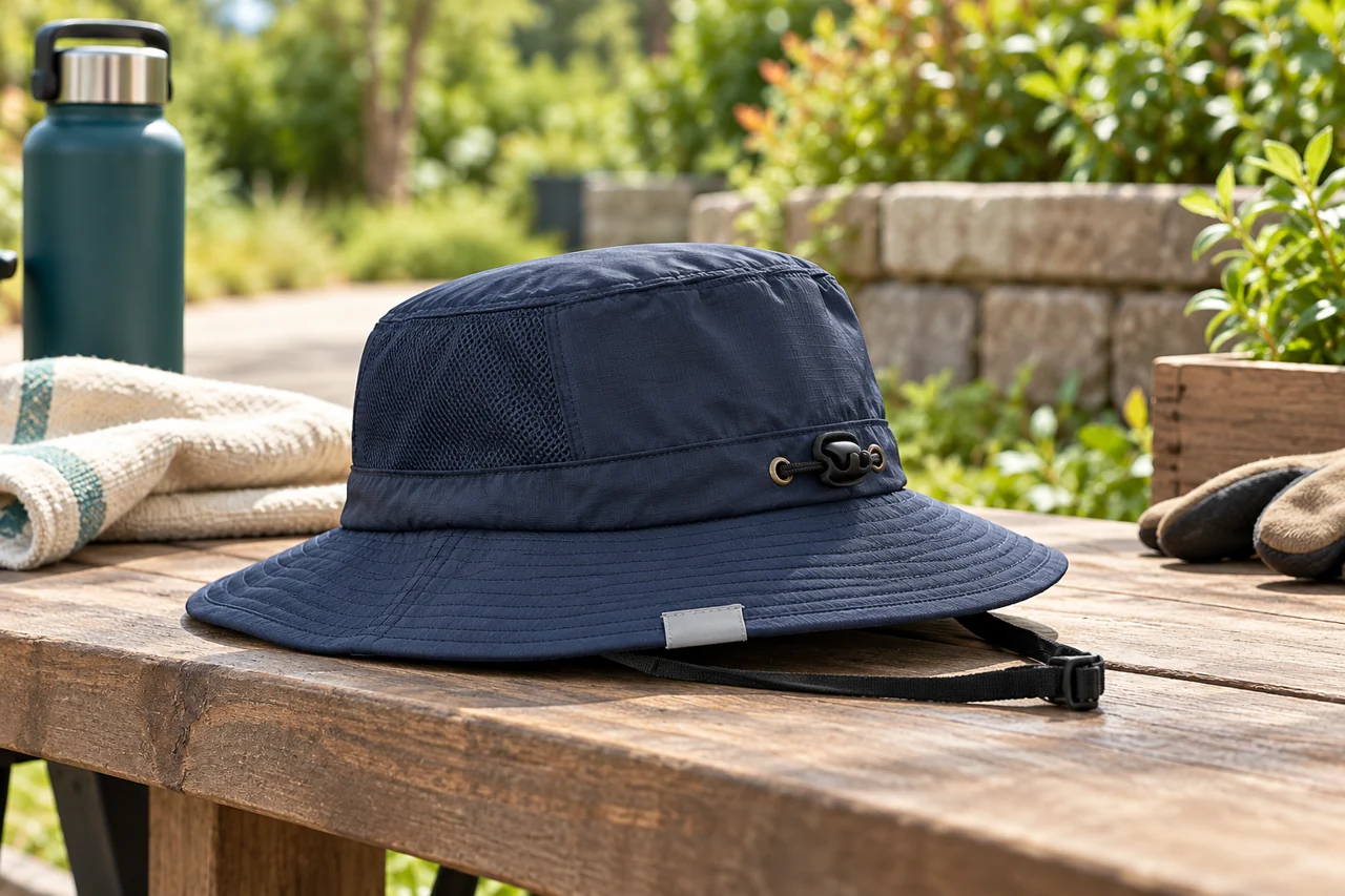 A grounds-team setting helps frame the hat as part of a wider uniform programme.