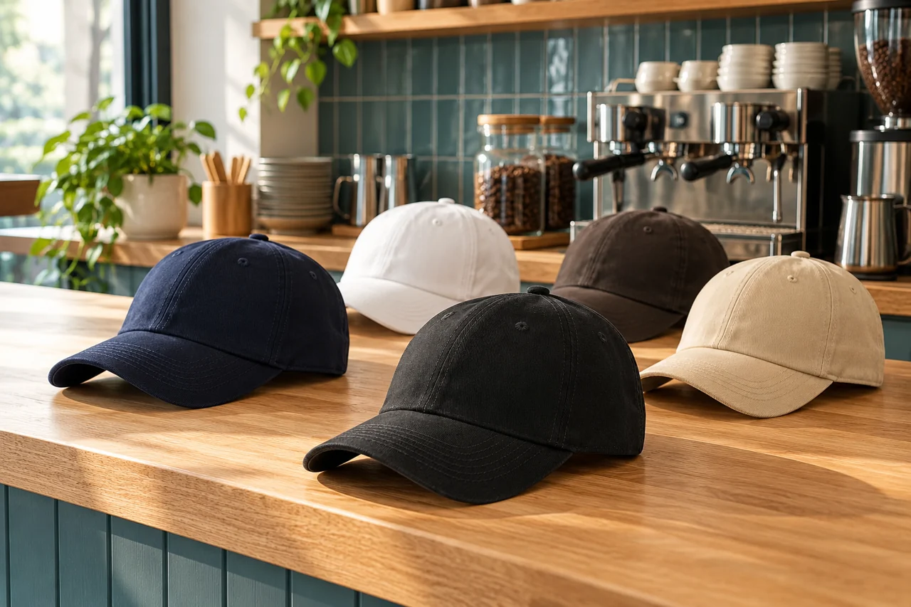 A plain staff-cap reference connects the design with a cafe uniform setting.