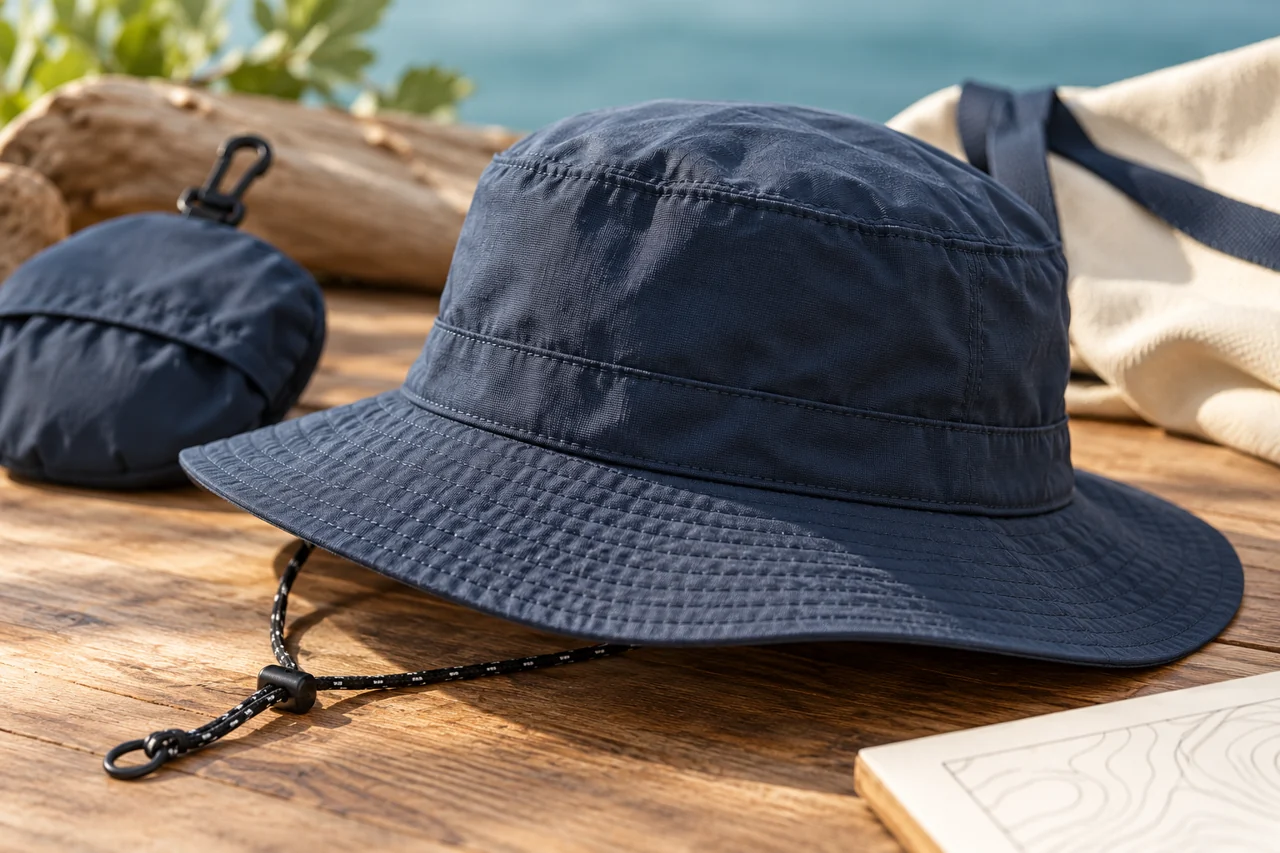Brim fabric and stitch lines are relevant details for a carrying-method review.