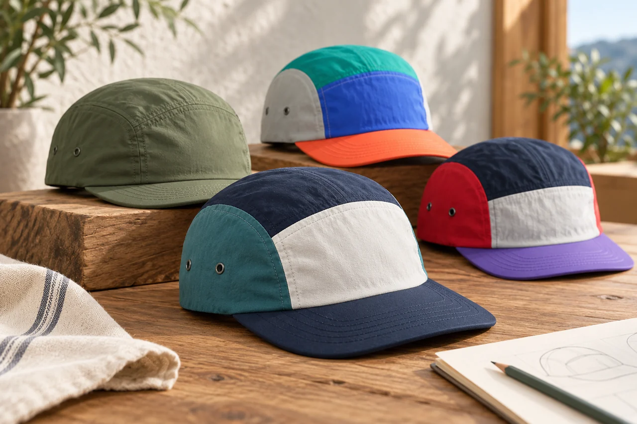 A small camp-cap range can share a silhouette while keeping colourway choices distinct.