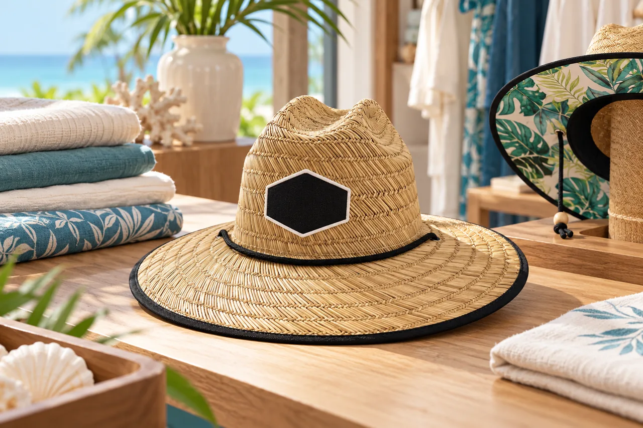 A straw-hat reference connects the silhouette with a considered resort retail setting.