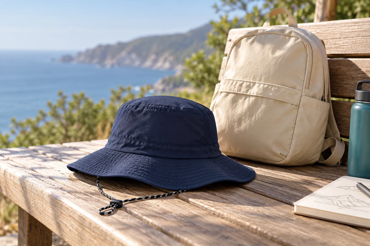 A travel-hat reference connects the product with the way it may be carried.