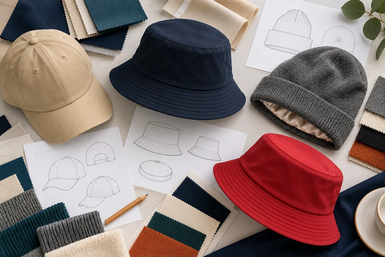 Drawings and swatches connect design, material and branding choices.