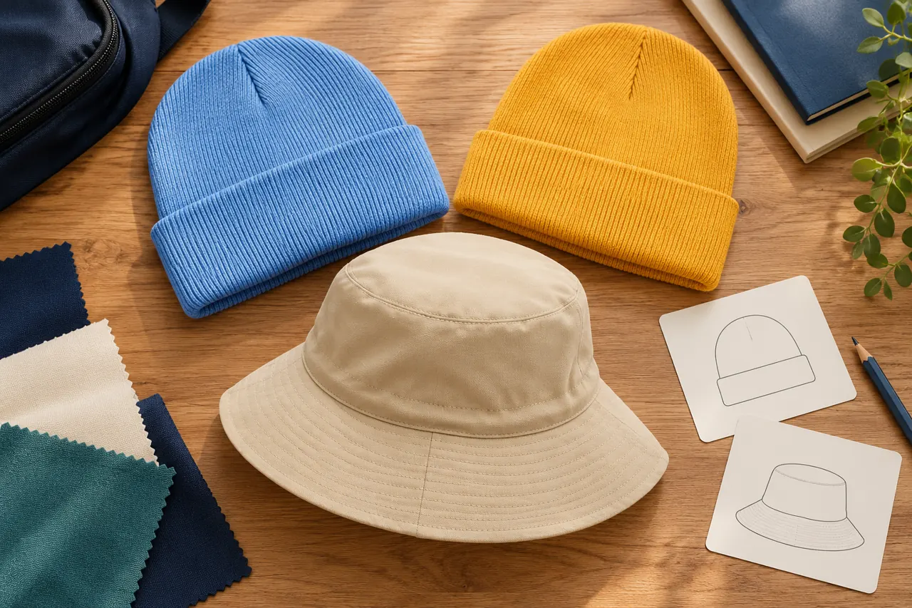 Uniform fabric and size-group references help organise a consistent school headwear brief.