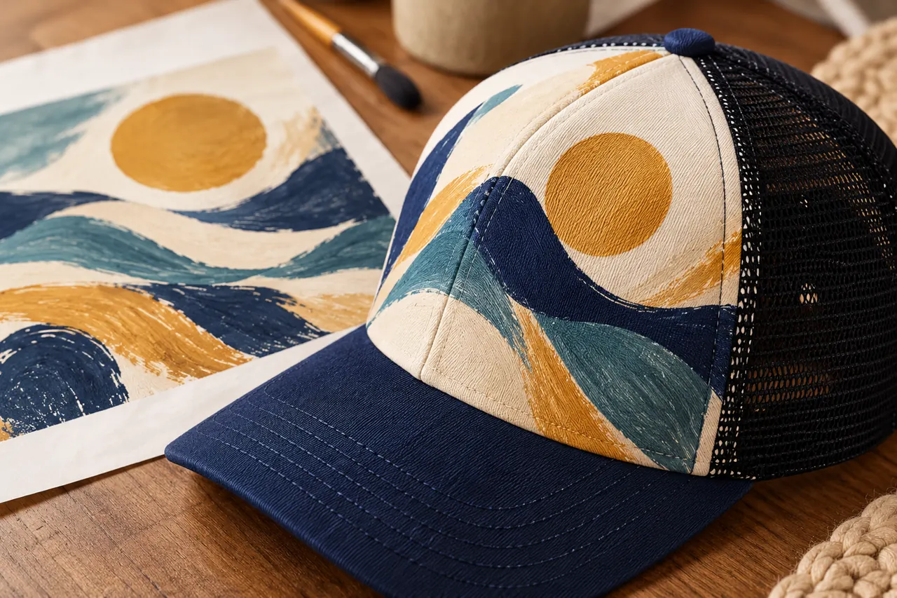 The meeting of artwork and a hat seam is a useful point for layout review.