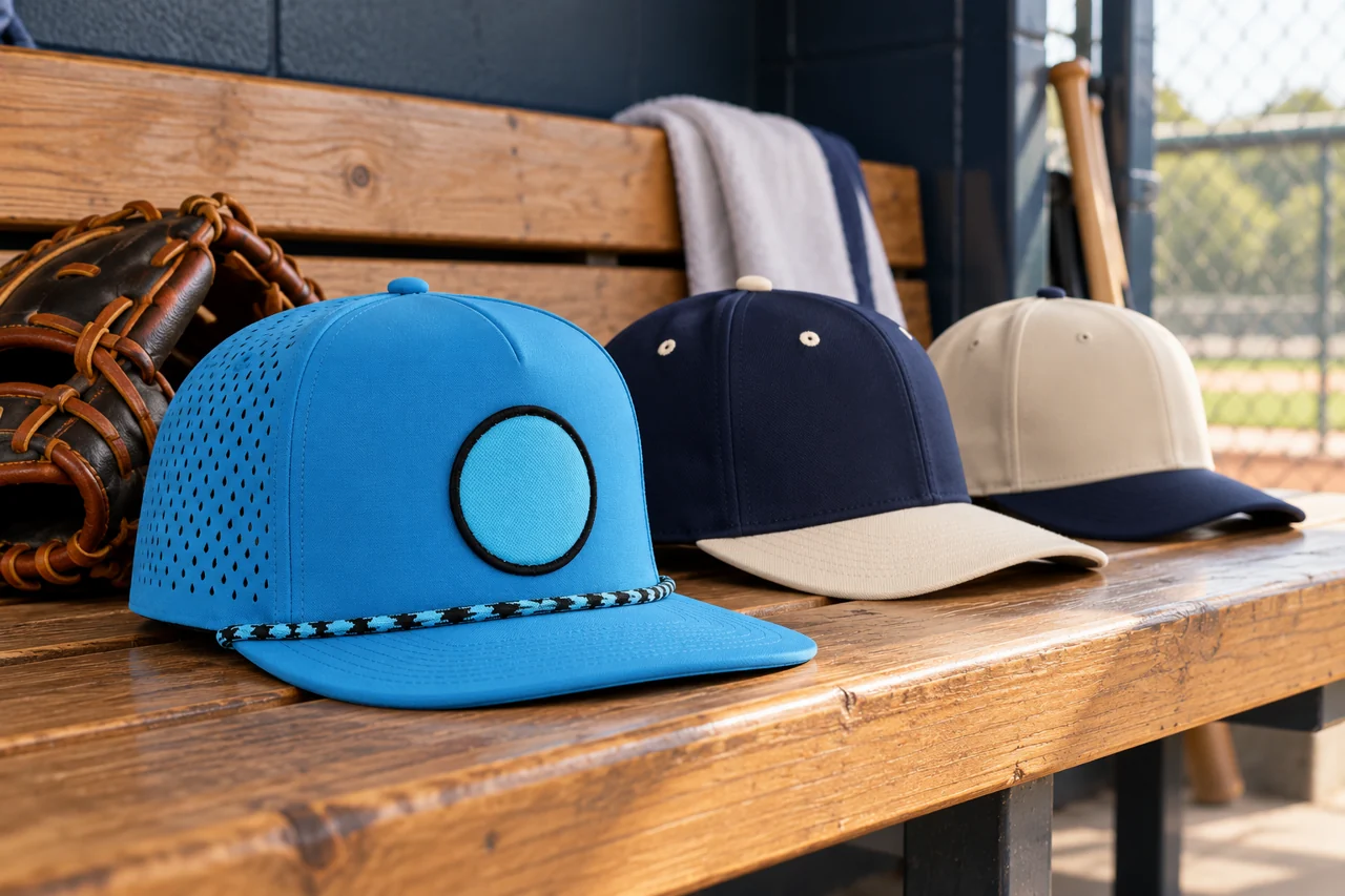 A team-cap reference connects the silhouette with an organised club headwear programme.