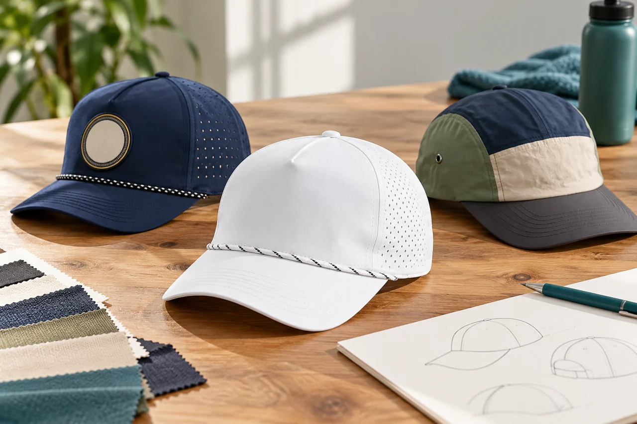 Running-cap references give a club or event project a clear starting product direction.