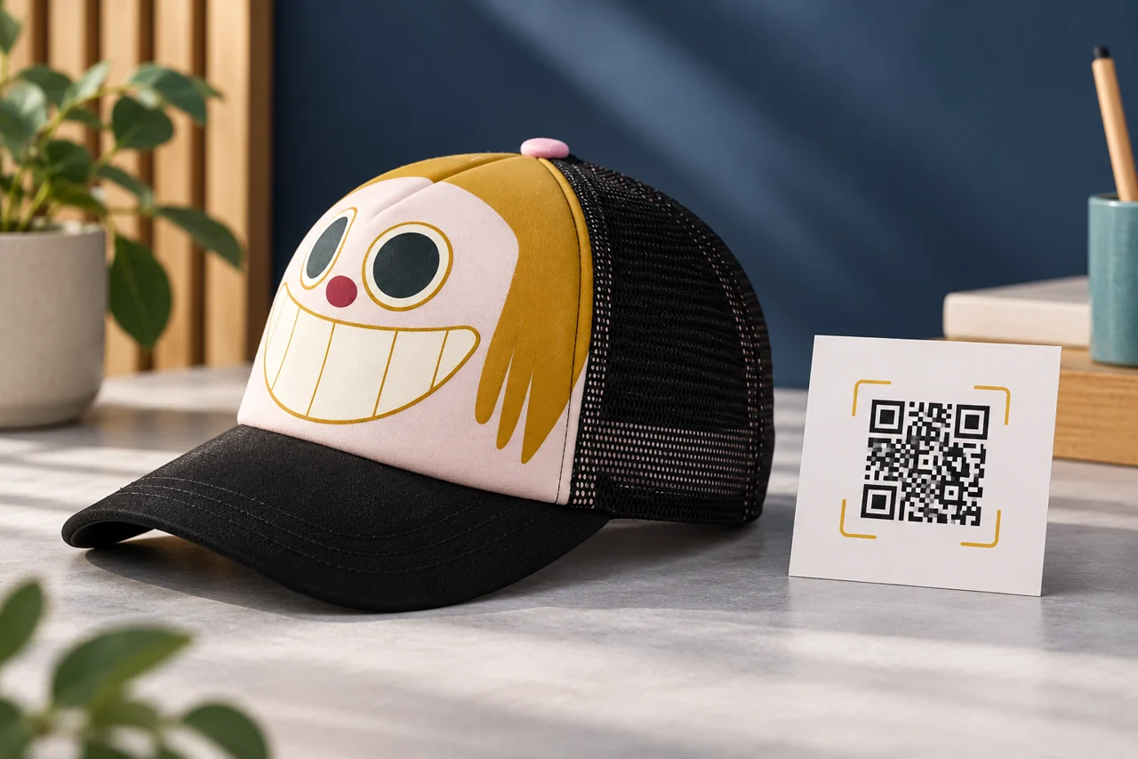 A complete cap presentation helps keep the promotional function connected to a wearable product.