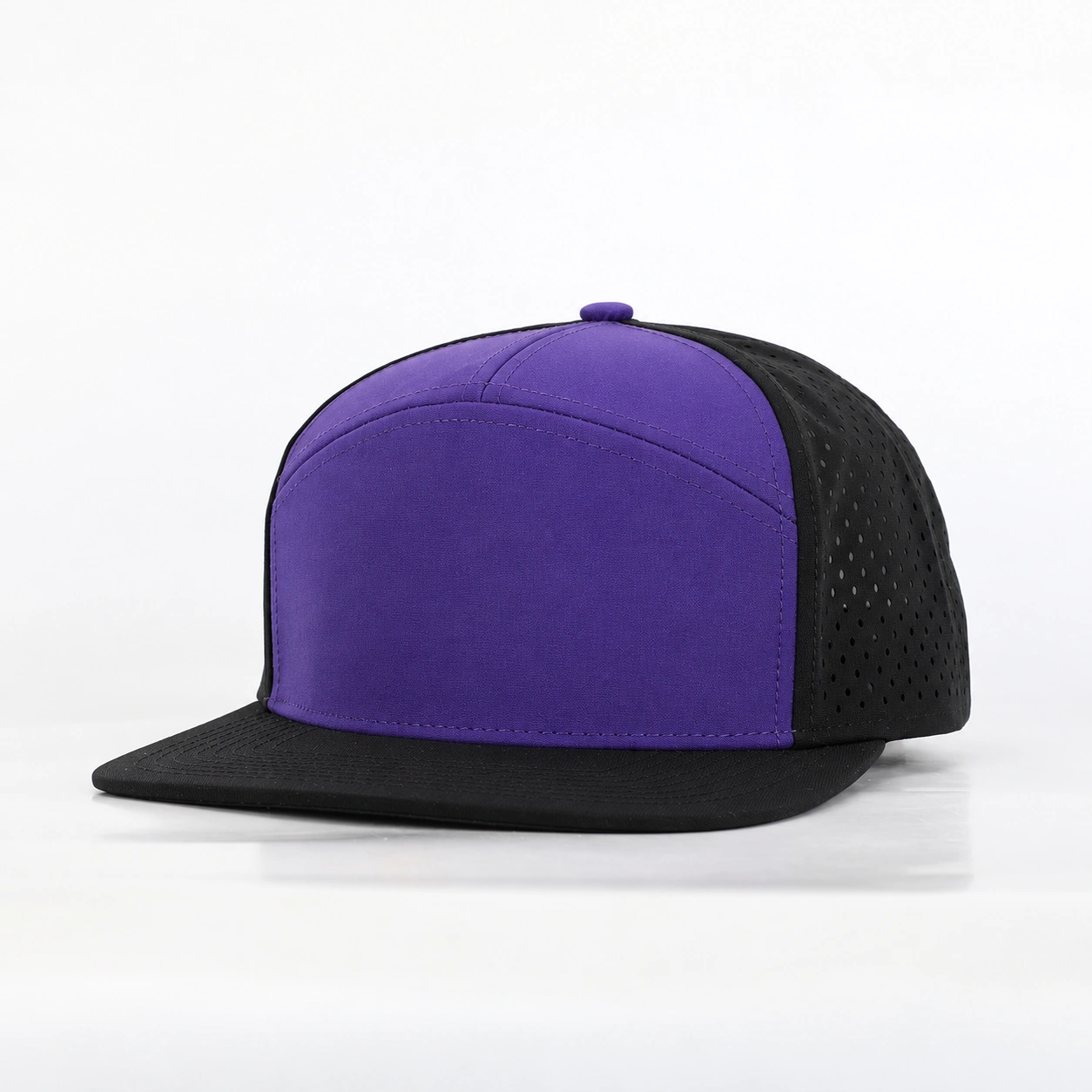 Wholesale High Quality Factory Rubber Patch Logo 7 Panel Flat Brim Sport Hat,Polyester Laser Cut Hole Gorras,Custom Snapback Cap