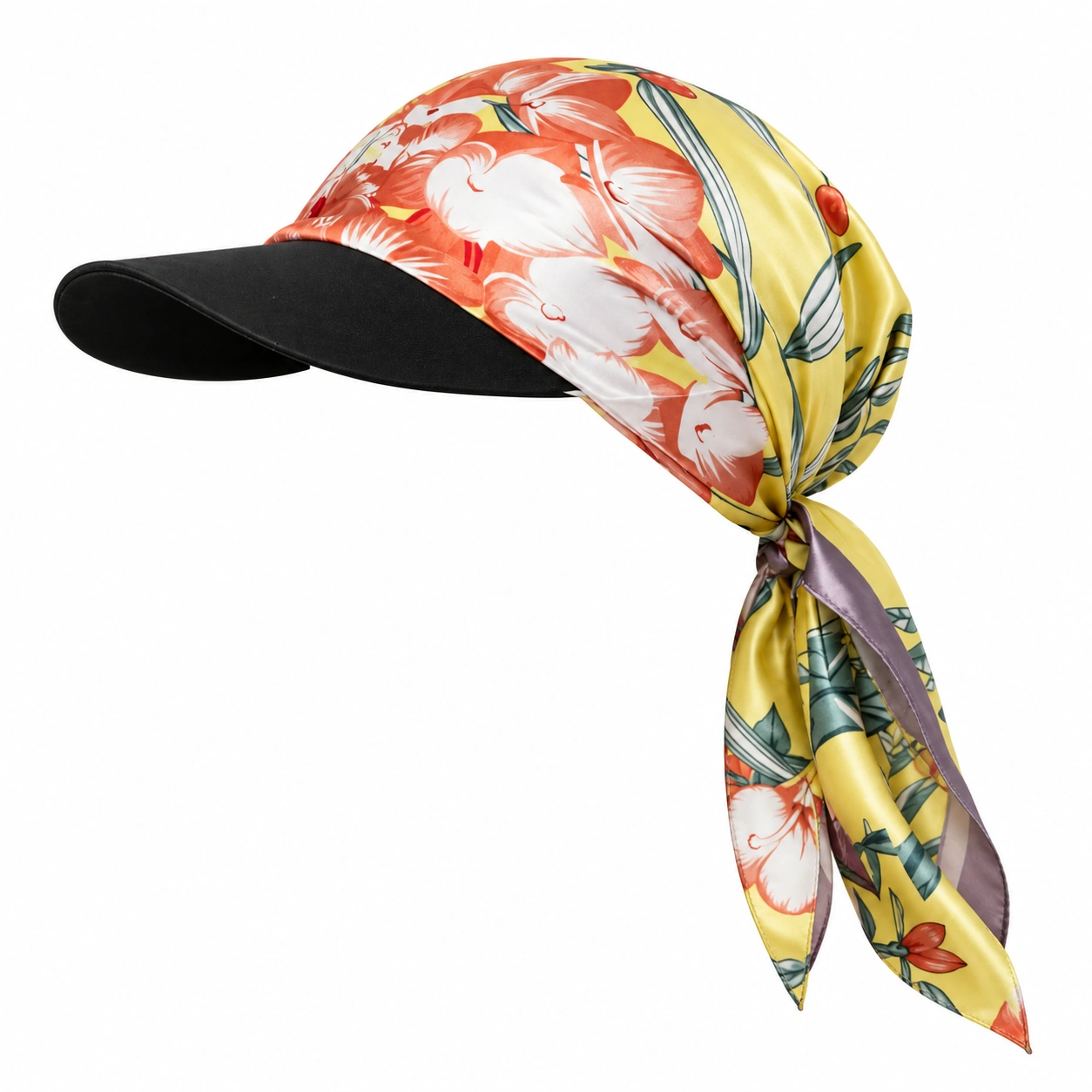 New Women Floral Printed Satin Bandana Visor Cap, Flower Print Head Scarf Peaked Hat with Brim, Sun Protection Turban Cap